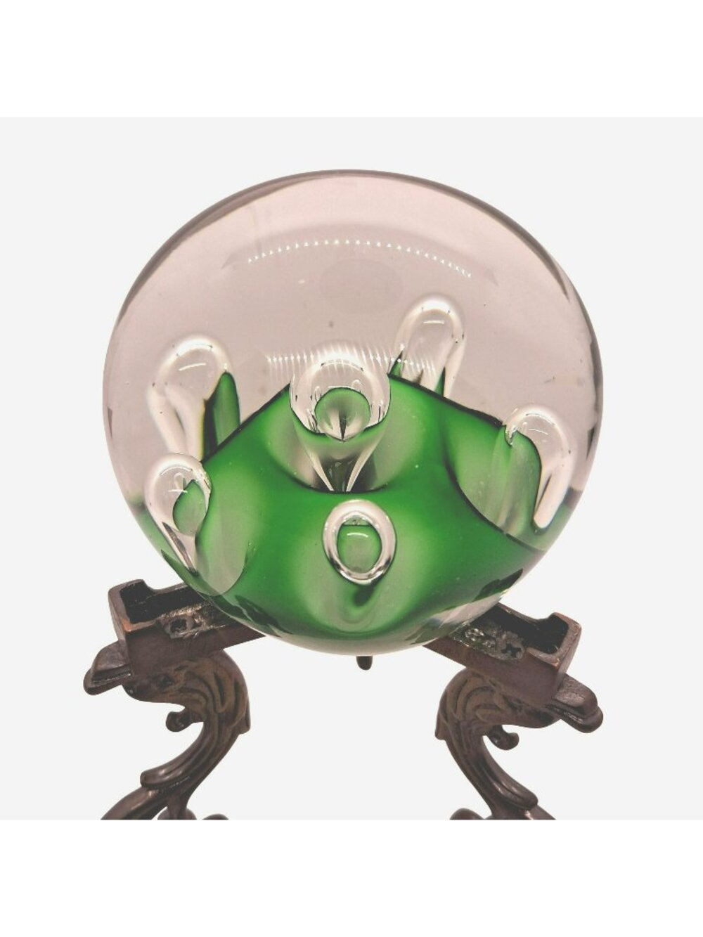 Vintage Green & Clear Art Glass Paperweight Controlled Bubble Design MCM